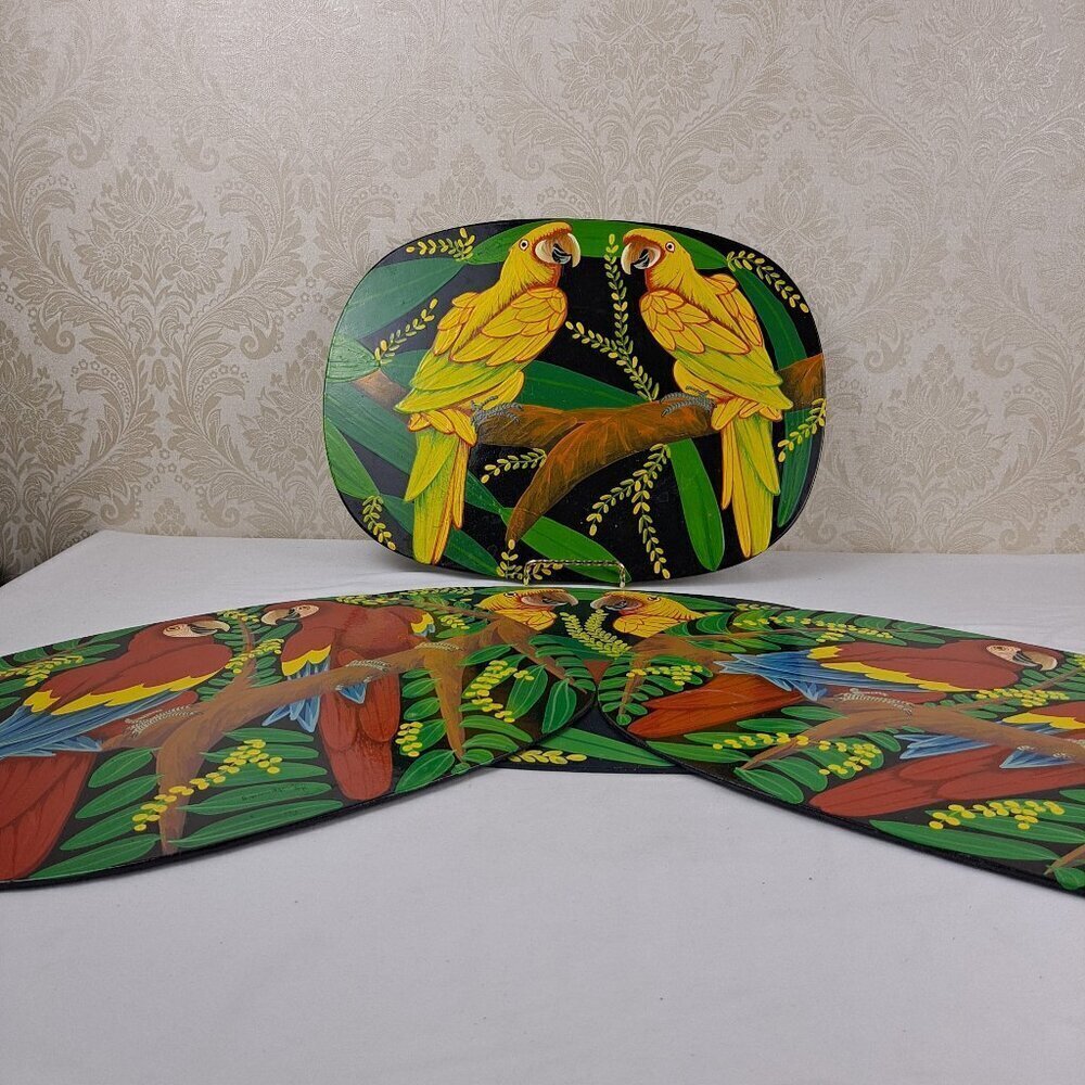 Vintage Set of 4 Placemats Hand Painted Colorful Macaw Birds Jungle Unique